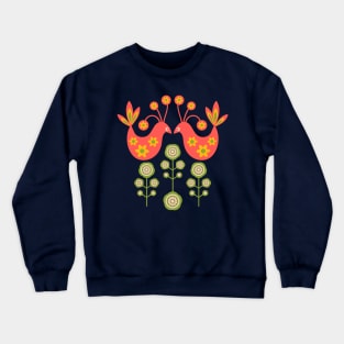 LOVE BIRDS Folk Art Mid-Century Modern Scandi Floral With Birds Flowers Feathers in Coral Orange Yellow Pink Green on Cream - UnBlink Studio by Jackie Tahara Crewneck Sweatshirt